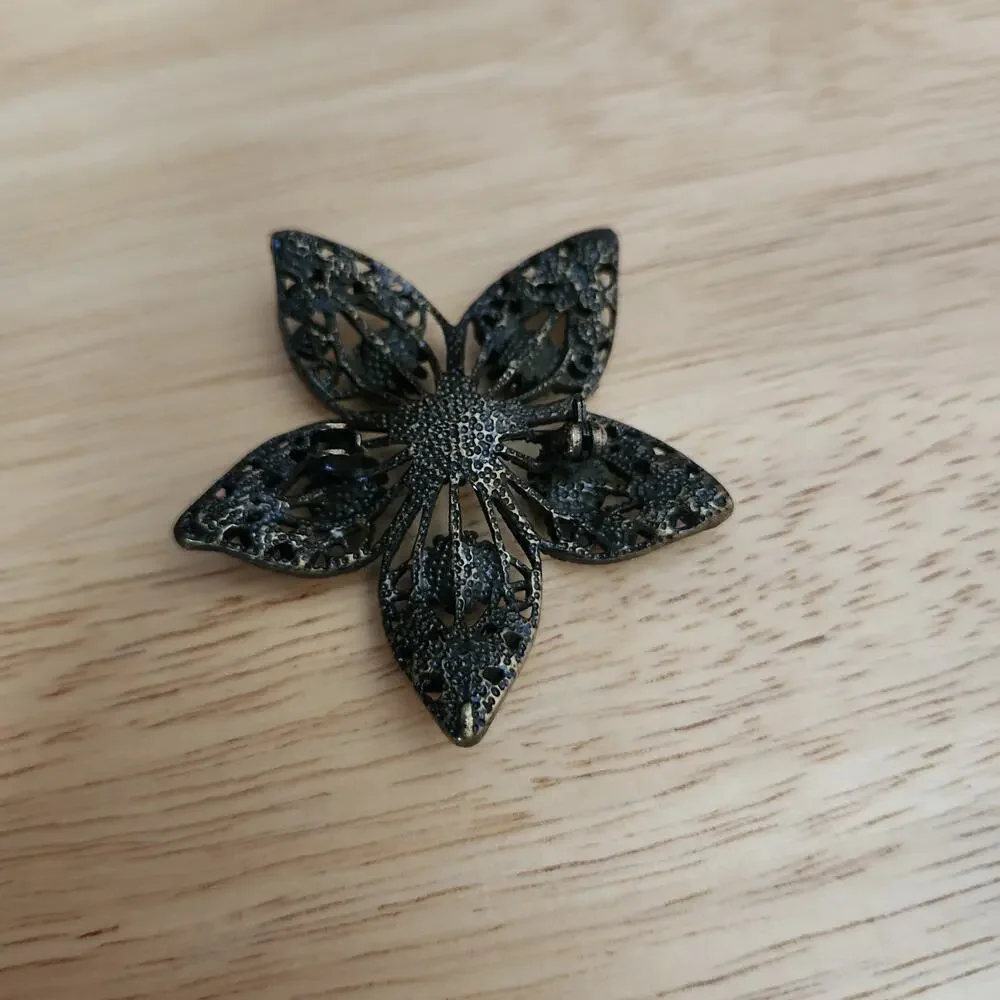 3 Vtg Rhinestone Floral Brooch Pin Silver Bronze Tone Starburst Textured Pendant